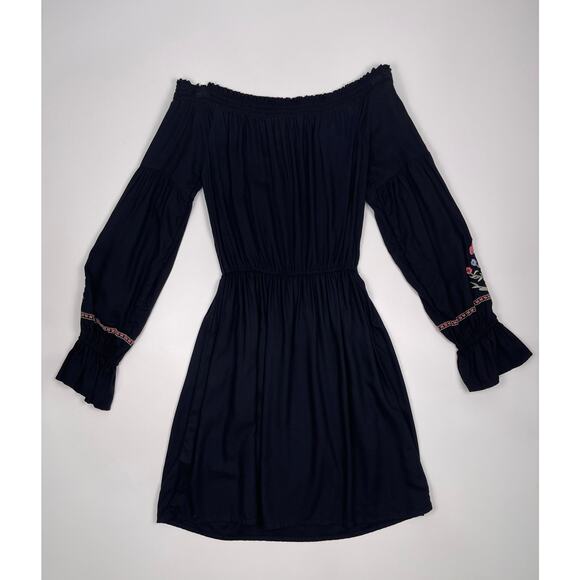 Hollister Size XS Black Floral Embroidered Long‑Sleeve Babydoll Dress - Picture 8 of 13